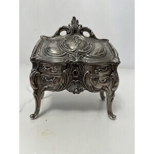 Vtg Jewelry Trinket Box Victorian Heavy Ornate Silver Tone Velvet Lined Hinged